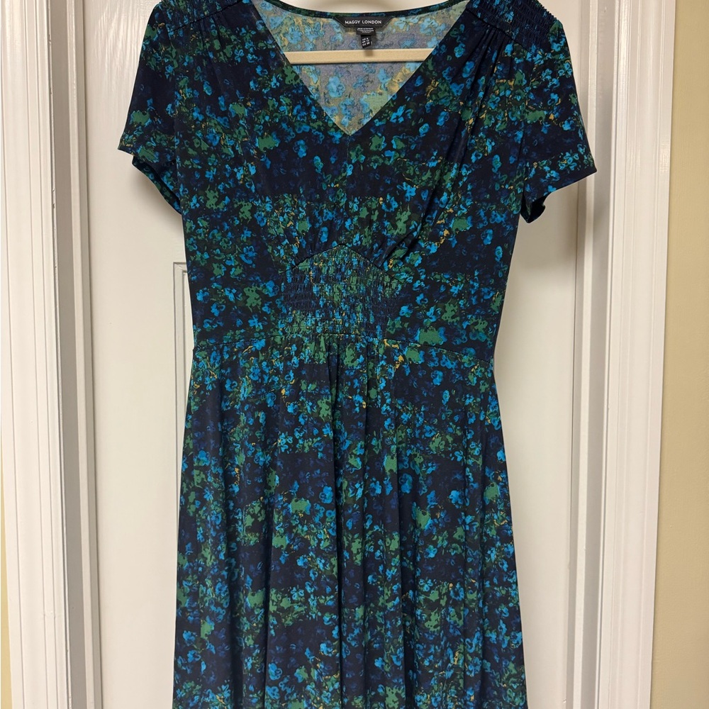 Maggy London Blue and Green Floral Midi Dress